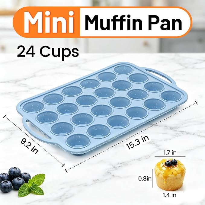 CAKETIME Mini Cupcake Pans, Metal Reinforced Frame Silicone Mini Muffin Pan Nonstick 24 Cups Easy to Handle for Baking Muffins, Cupcakes, Egg Bites 1 Pack