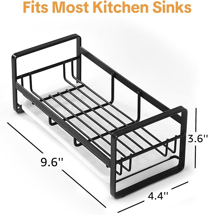 HULISEN Large Sponge Holder, 304 Stainless Steel Kitchen Soap Dispenser Caddy Organizer, Countertop Soap Dish Rack Drainer with Removable Drain Tray, not Including Dispenser and Brush, Black
