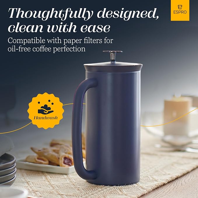 ESPRO Pro P7 French Press Stainless Steel 304 – Patented Double Walled Micro-Filter Insulated French Press Coffee Maker, Grit-Free Brew - Heat Resistant BPA Free - Agean Blue, 18oz