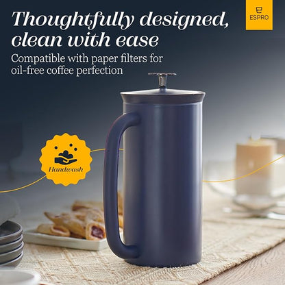 ESPRO Pro P7 French Press Stainless Steel 304 – Patented Double Walled Micro-Filter Insulated French Press Coffee Maker, Grit-Free Brew - Heat Resistant BPA Free - Aegean Blue, 32oz