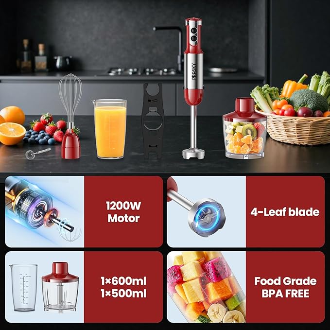 Immersion Blender Handheld 1200W, 20-speeds Immersion Hand Blenders, Hand Mixer with Mining Beaker,Chopper,Whisk, Frother and Stick Blender Suitable for Kitchen, Protein Shakes and Baby Food
