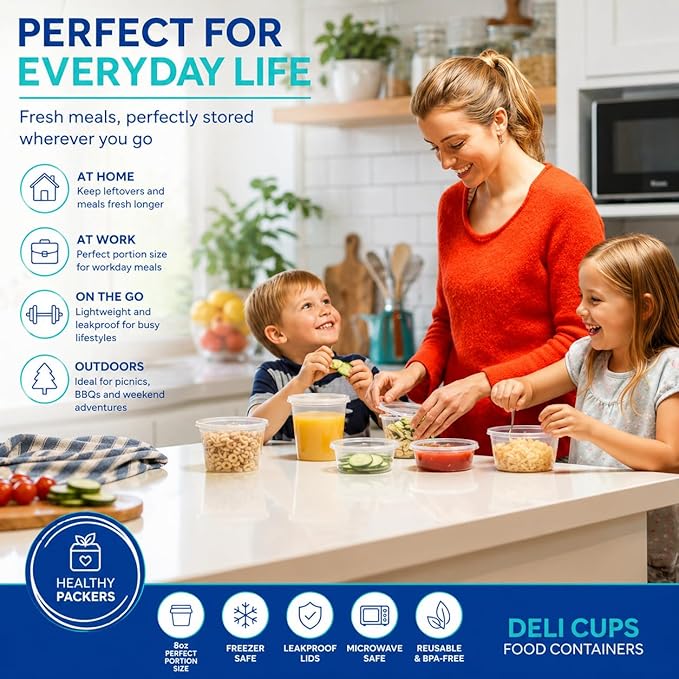 Healthy Packers Plastic Deli Containers with Lids (8oz 100 Sets) - Clear Plastic Containers with Airtight Lids - Great for Your Slime Kit, Food - BPA Free | Leakproof - Microwaveable & Freezer Safe