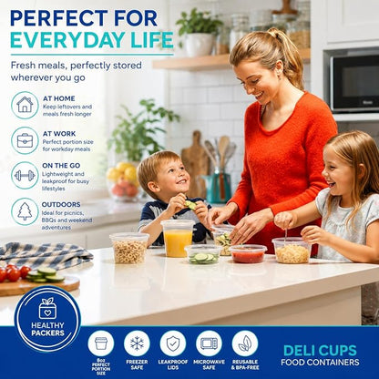 Healthy Packers Plastic Deli Containers with Lids (8oz 100 Sets) - Clear Plastic Containers with Airtight Lids - Great for Your Slime Kit, Food - BPA Free | Leakproof - Microwaveable & Freezer Safe