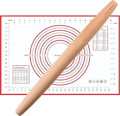 Muso Wood French Rolling Pin and Silicone Baking Mat Set, 15.75 Inch Beech Wood Tapered Rolling Pin for Fondant Pie Crust Cookie Pastry