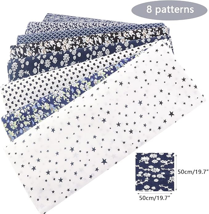 100% Cotton Fat Quarters - 8 Pieces (20"x20"), Floral Cotton Craft Fabric, DIY Cloths Patchwork, Pre-Cut Quilting Fabric (Navy)