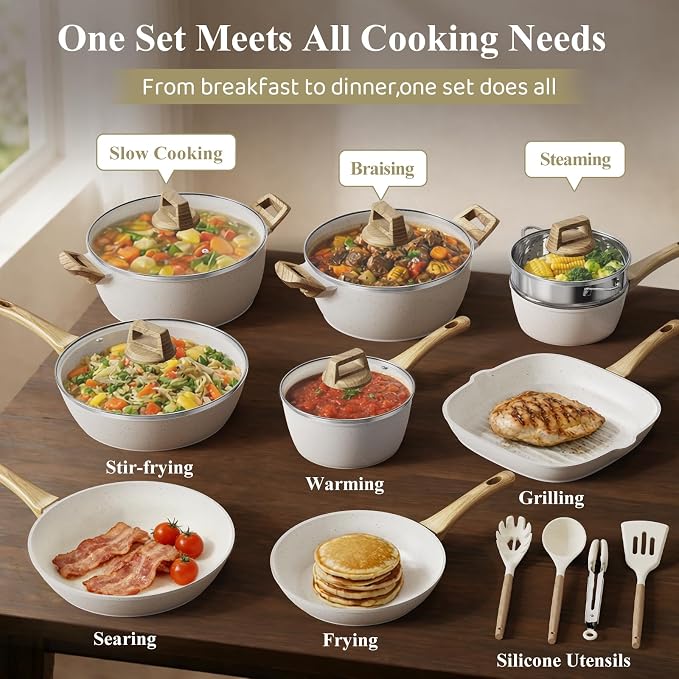 Bazova 24-Piece Pots and Pans Set Non Stick, Ceramic Cookware Set, Titanium-Reinforced Long-Lasting Nonstick,Non Toxic PFAS-Free, Induction Compatible, Complete Kitchen Cookware Set for Daily Cooking