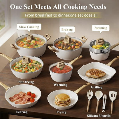 Bazova 24-Piece Pots and Pans Set Non Stick, Ceramic Cookware Set, Titanium-Reinforced Long-Lasting Nonstick,Non Toxic PFAS-Free, Induction Compatible, Complete Kitchen Cookware Set for Daily Cooking