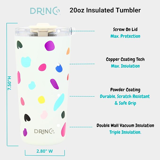 Drinco - 20 oz Stainless Steel Tumbler | Double Walled Vacuum Insulated Mug With Lid, 2 Straws, For Hot & Cold Drinks (20oz Blots)