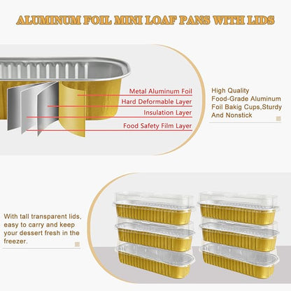 Mini Cake Pans With Lids And Spoons 50 Pack,6.8 oz Rectangle Mini individual Loaf Pans Disposable Aluminum Foil Small Baking Cups Tins (50, gold)