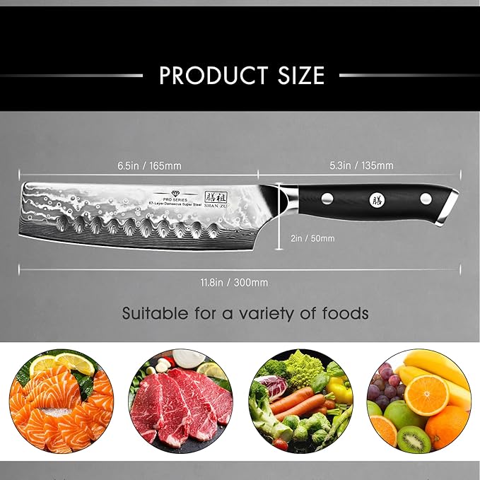 SHAN ZU Chef Knife, Damascus Professional Extra Sharp Kitchen Knife, Japanese High Carbon Super Steel Nakiri Knife with Ergonomic G10 Glass Fiber Handle