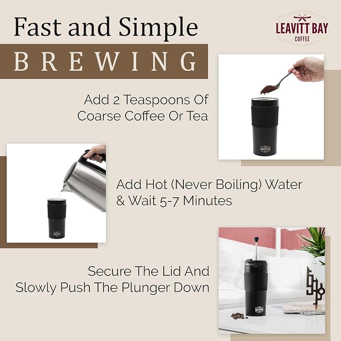 Portable French Press Travel Mug – Insulated Stainless Steel French Press Mug for Hot or Cold Brew – Durable Travel Coffee Maker – On-the-Go Tea & Coffee Maker (Black)