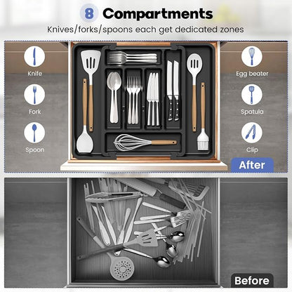 Caperci Large Silverware Organizer for Kitchen Drawer & Utensils - Expandable Drawer Organizer for Cutlery, Flatware & Gadget, BPA-Free Thick Plastic, Wider Compartments & Non-skid Feet (Black)
