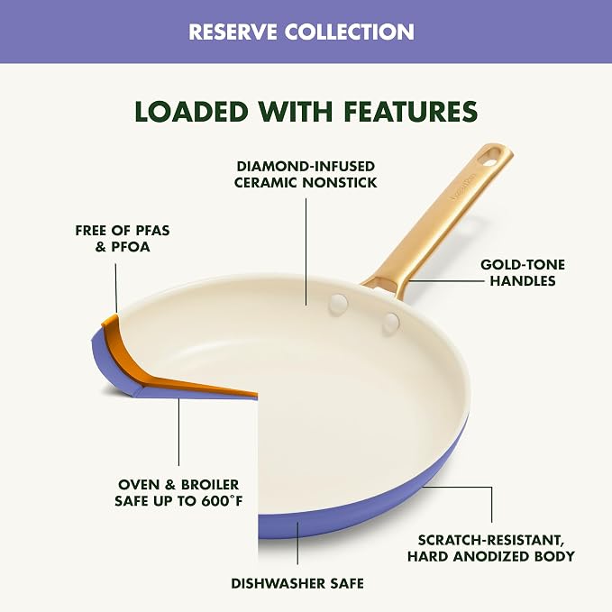 GreenPan Hard Anodized Healthy Ceramic Nonstick 8" 10" & 12" 3 Piece Frying Pan Skillet Set, Gold Handle, PFAS-Free, Dishwasher Safe, Oven Safe, Periwinkle