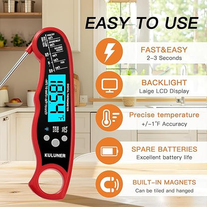 KULUNER Instant Read Meat Thermometer, Digital Food Thermometer with 4.6" Folding Probe, IP67 Waterproof, Backlight & Calibration, 2-3s Fast Reading for Kitchen Grilling BBQ Cooking Candy - Red