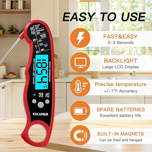 KULUNER Instant Read Meat Thermometer, Digital Food Thermometer with 4.6" Folding Probe, IP67 Waterproof, Backlight & Calibration, 2-3s Fast Reading for Kitchen Grilling BBQ Cooking Candy - Red