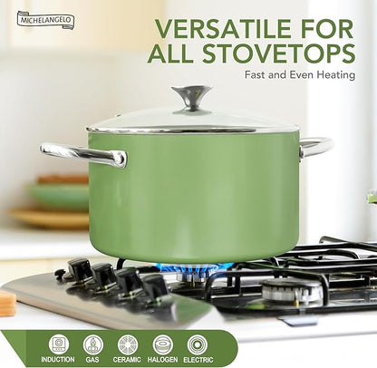 MICHELANGELO Stock Pot with Lid, 6 Quart Cooking Pot with Ceramic Coating, Nonstick Ceramic Soup Pot with Lid, Induction Compatible - 6QT Stockpot, Green