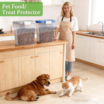 Gray White Airtight Dog Cat Food Storage Container 10 Lbs - Slim Tall Pet Food Treat Container with Lid, Scoop and Cup - Clear Plastic Dry Food Storage Bin for Dogs, Cats, Bird Seeds, Kibble, Pellets