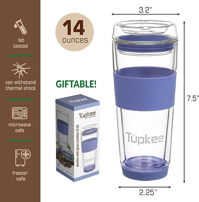 Double Wall All Glass Tumbler - 14-Ounce, Reusable Insulated Tea/Coffee Mug & Lid, Hand Blown Glass Travel Mug - Jacaranda - 2 Pack