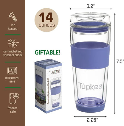 Double Wall Glass Tumbler - 14-Ounce, All Glass Hand Blown Reusable Insulated Tea/Coffee Mug & Lid, Travel Mug - Jacaranda