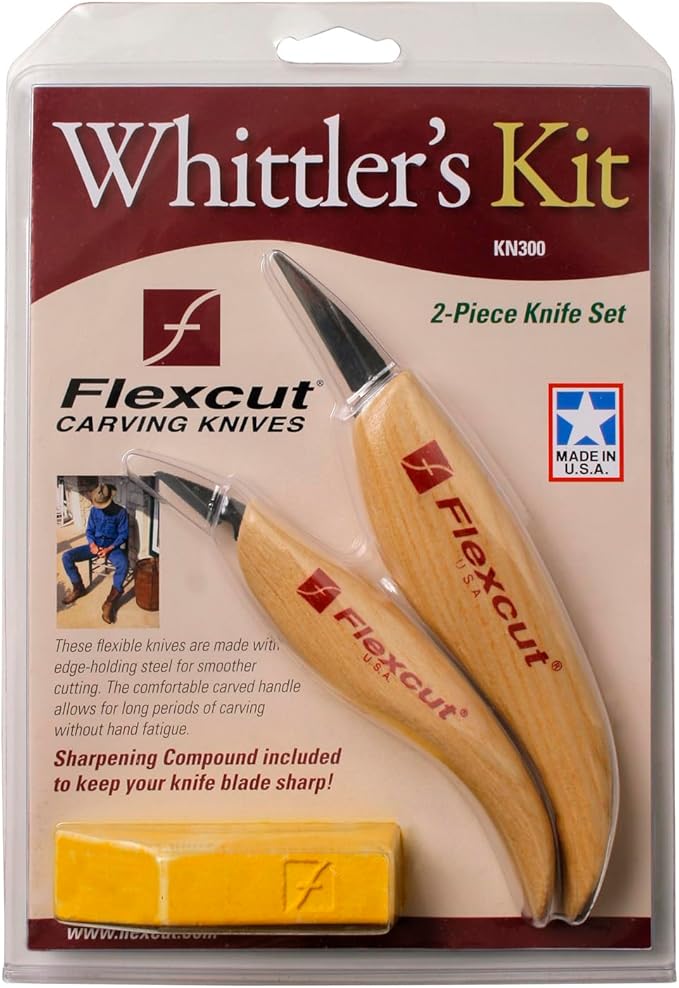 Flexcut Whittler’s Knife Kit (KN300) 2-Piece Set with KN13 & KN27 High-Carbon Steel Blades, Ergonomic Ash Wood Handles, Gold Polishing Compound, 5.2 oz, Made in USA