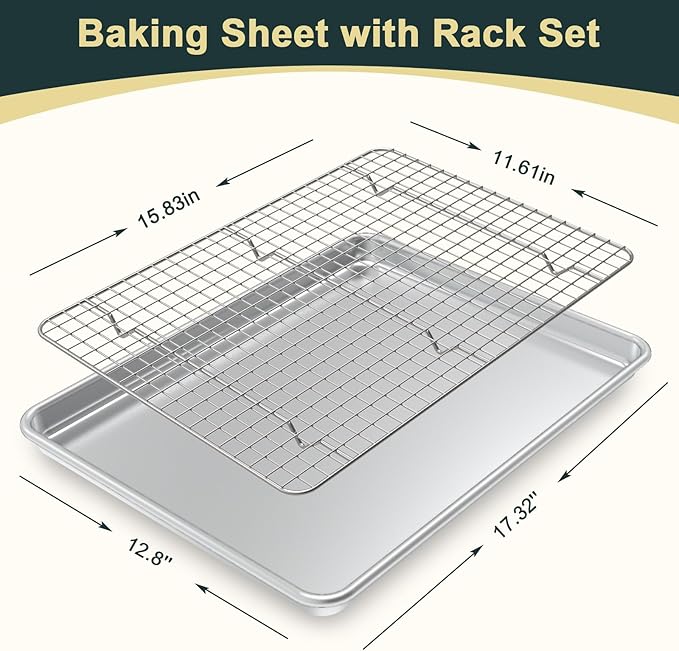 Wildone Baking Sheet with Rack Set (2 Pans + 2 Racks), Half Sheet Size | Natural Aluminum Commercial Quality Cookie Sheet with Cooling Rack, Nonstick Baking Pan, Warp Resistant & Heavy Duty