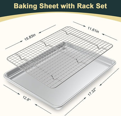 Wildone Baking Sheet with Rack Set (2 Pans + 2 Racks), Half Sheet Size | Natural Aluminum Commercial Quality Cookie Sheet with Cooling Rack, Nonstick Baking Pan, Warp Resistant & Heavy Duty