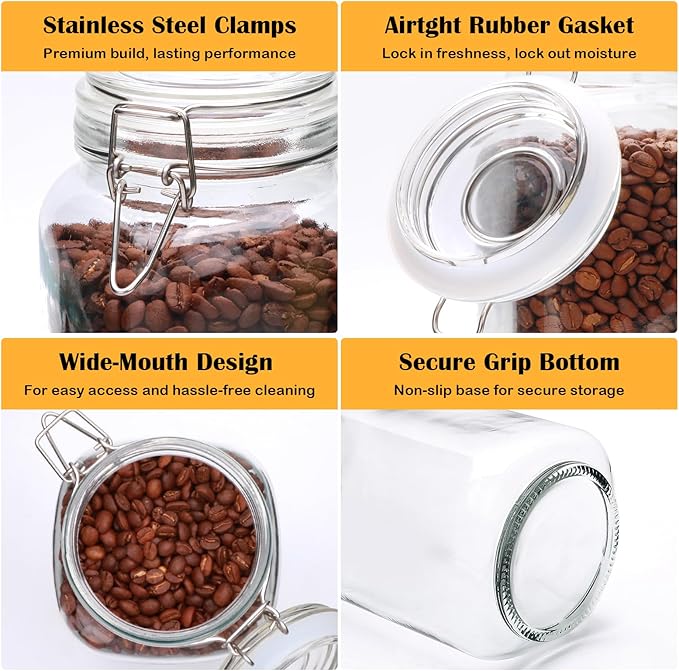 Flrolove 78oz Glass Storage Jars with Airtight Lids Set of 3, Pantry Storage Containers with Lids, Square Large Airtight Glass Jars, Perfect for Kitchen Canning Cereal, Pasta, Flour, Coffee Beans