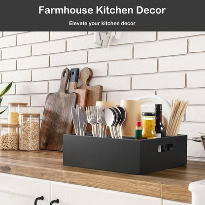 Wood Utensil Holder for Party, 6-Compartment Paper Plate Organizer with Handles, Wooden Silverware Caddy for Picnic, Camping, BBQ, Buffet, and Kitchen Countertop Organization, Black