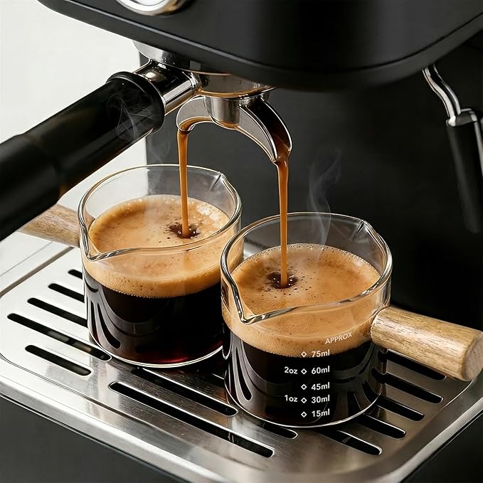 YARRAMATE 2.5 oz/75ML Espresso Shots Cup with Wooden Handle, Clear Glass Demitasse Cup with Dual Scale Markings for Coffee Extraction (2 Pack, Double Spout)