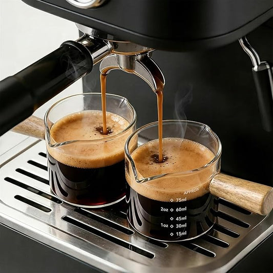YARRAMATE 2.5 oz/75ML Espresso Shots Cup with Wooden Handle, Clear Glass Demitasse Cup with Dual Scale Markings for Coffee Extraction (2 Pack, Double Spout)