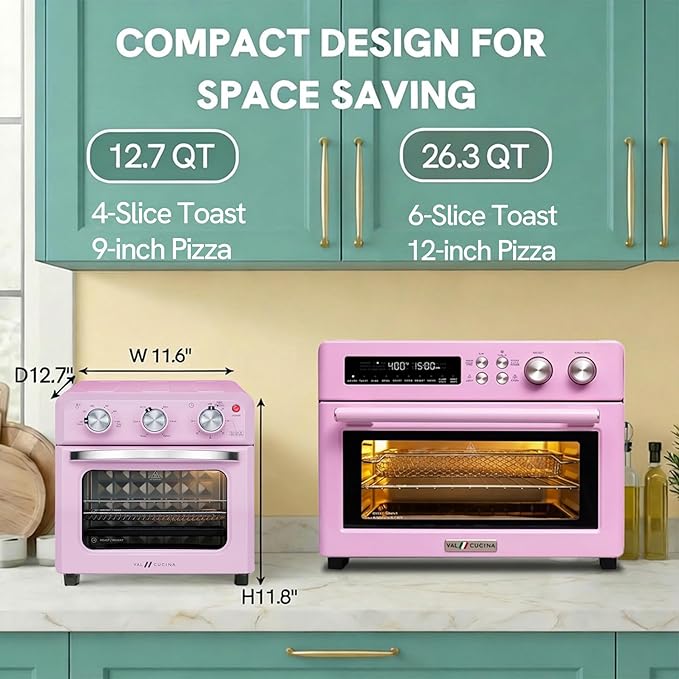 VAL CUCINA 6-in-1 Retro Air Fryer Toaster Oven Combo, Compact 12.7 QT Small Countertop Convection Oven, Fits 9" Pizza & 4 Toast, Hexagon Hybrid Heating, Enamel Baking Pan Included, Pink Color