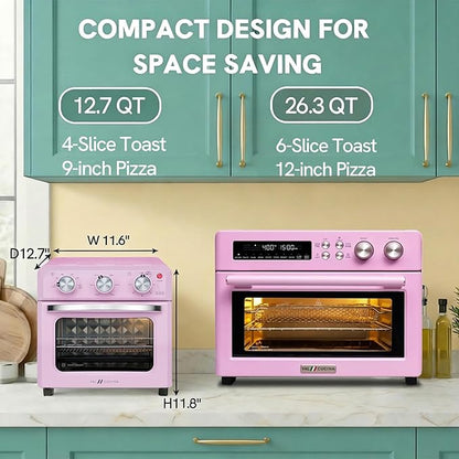 VAL CUCINA 6-in-1 Retro Air Fryer Toaster Oven Combo, Compact 12.7 QT Small Countertop Convection Oven, Fits 9" Pizza & 4 Toast, Hexagon Hybrid Heating, Enamel Baking Pan Included, Pink Color