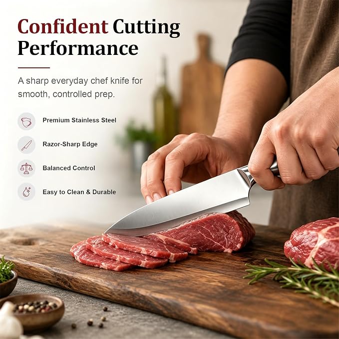 Chef Knife,7.2" Professional Kitchen Knife for Cooking,Made of Stainless Steel,Ultra Sharp for Cutting food,with Ergonomic Handle,for Home & Restaurant Silver
