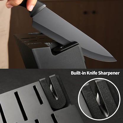 19-Piece Stainless Steel Kitchen Knife Set, Built-in Knife Sharpener, Dishwasher Safe, Ergonomic Non-Slip Handles, 6 Steak Knives, Black