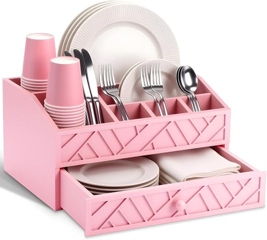 Marsui Paper Plate Dispenser, Wood Rustic Paper Plate Holder for Countertop with Drawer Silverware Utensil Caddy, Cutlery Flatware Organizer for Spoon Fork Napkins Kitchen Parties(Pink)