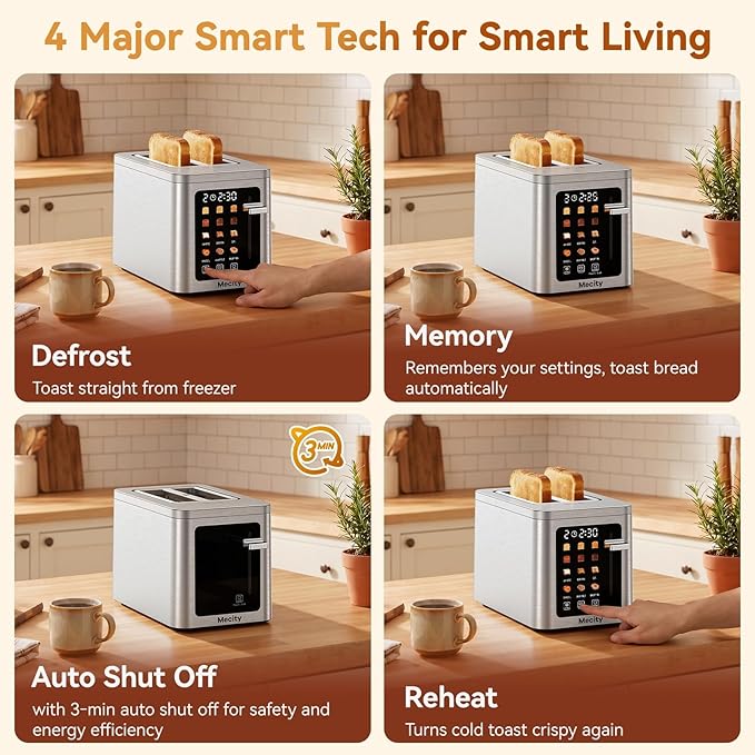 Mecity 2 Slice Toaster Smart Touchscreen, Stainless Steel Wide Slot Toasters Defrost, Reheat, Memory Function, Auto Shutoff, Digital Electric Bread Toaster for Bagel Muffin Waffle, 120V