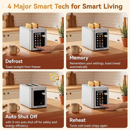Mecity 2 Slice Toaster Smart Touchscreen, Stainless Steel Wide Slot Toasters Defrost, Reheat, Memory Function, Auto Shutoff, Digital Electric Bread Toaster for Bagel Muffin Waffle, 120V