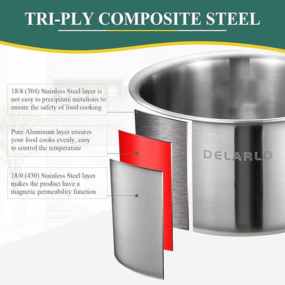 DELARLO Whole Body Tri-Ply Stainless Steel 3 Quart Saucepan with Lid, Oven Safe 600℉, Heavy Duty Saucier Pan 3 Quart, Fast and Even Heat, Kitchen and Dining Sauce Pot, Induction Pot(Lids 300℉)
