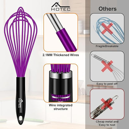HOTEC 4 Pieces Silicone Whisks Set, Wire Balloon Whisks for cooking Egg Beater, Non-slip Handle Whisk for Non-stick Cookware Perfect for Cooking, Stirring, Beating and Blending,Purple