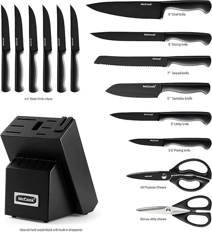 McCook® Knife Sets,German Stainless Steel Knife Block Sets with Built-in Sharpener, Black (Pack of 2)