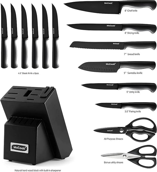McCook® Knife Sets,German Stainless Steel Knife Block Sets with Built-in Sharpener, Black (Pack of 2)