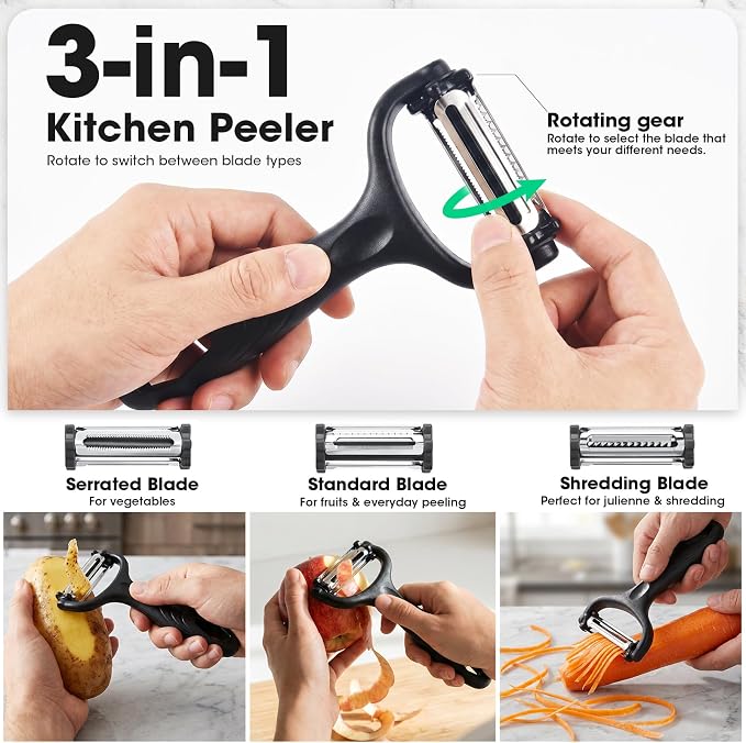 Knife Set, Kitchen Knife Set with Block, 7 Pcs Kitchen Knife Set with 3-in-1 Peeler, Knife Block Set Compact Stainless Steel Knives with Wood Grain Finish Handles, Space Saving Kitchen Essentials