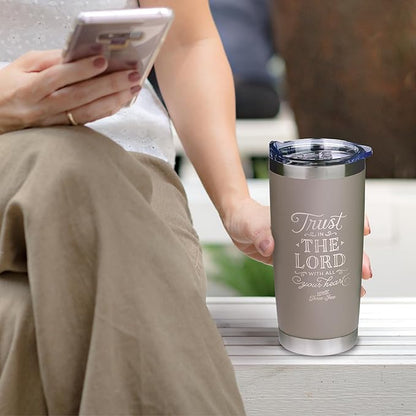 Christian Art Gifts Stainless Steel Double-Wall Vacuum Insulated Travel Mug 18 oz Gray Tumbler with Retractable Lid for Women and Men Bible Verse - Trust in the Lord - Proverbs 3:5