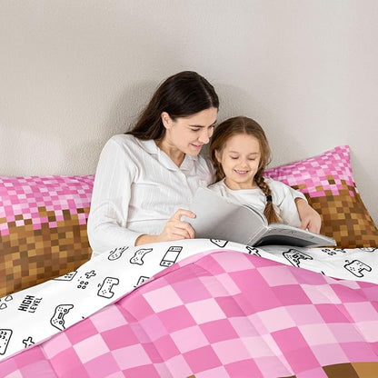Manfei Pixelated Grid Kids Comforter Toddler Size,Miners Building Quilt Set for Kids Boys Girls Bedroom Decor,Cartoon Gamepad Bedding Set,Brown Pink Duvet Insert,1 Pillowcase