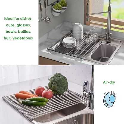 Tomorotec Roll Up Dish Drying Rack Over the Sink Grey Large Dish Drying Rack Rolling Foldable Collapsible SUS304 Stainless Steel Multipurpose Dish Drainer for Kitchen Counter (17.8”x15.7”)