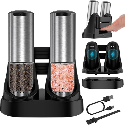 Electric Salt and Pepper Grinder Set Type-C Fast Charging, Automatic Salt and Pepper Shakers Adjustable Coarseness, Stainless Steel Rechargeable Salt and Pepper Grinder with LED Light