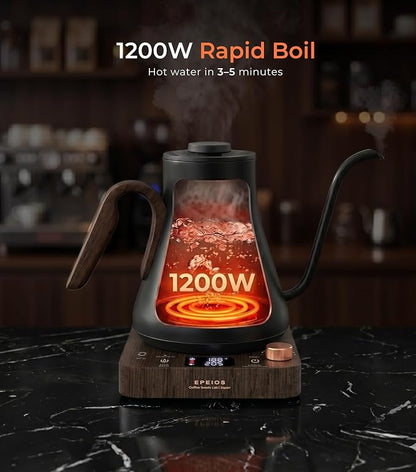 Epeios Electric Kettle, Gooseneck Electric Kettle with ±1°F Temperature Control, 1200W Rapid Heating for Pour Over Coffee & Tea, 304 Stainless Steel Interior, Auto Shut-Off, 0.9L, Black Walnut