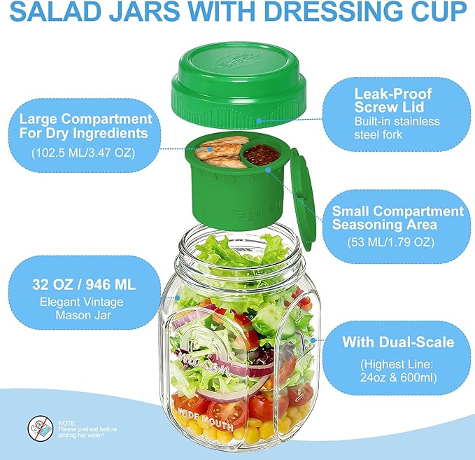 [UPGRADE] 2 Pack Salad Jars with Silicone Dressing Cup, 32 Oz Salad Container for Lunch Meal Prep w Foldable Fork, Separation Divider for Dry Food & Wet Sauce, Salad Pod On The Go for Overnight Oats