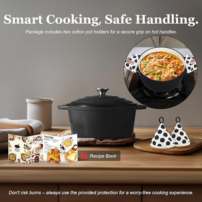 Overmont Enameled Cast Iron Dutch Oven - 7QT Pot with Lid Cookbook & Cotton Potholders - Heavy-Duty Cookware for Braising, Stews, Roasting, Bread Baking GraphiteGray