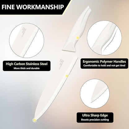 E-far Knife Set with Block, 15 Pieces Kitchen Knife Block Set with Sharpener, High Carbon Stainless Steel Sharp Chef Knife Set with Ergonomic Handles, Anti Rust, White